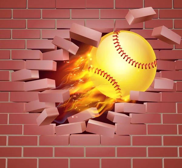 Flaming Softball Ball Breaking Through Brick Wall — Stock Vector