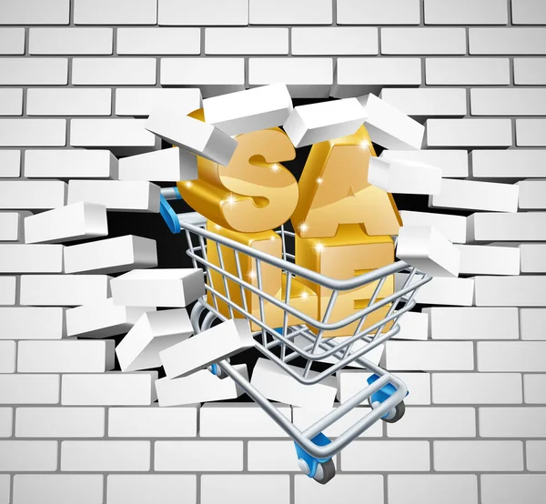 Sale Shopping Cart Smashing Wall — Stock Vector