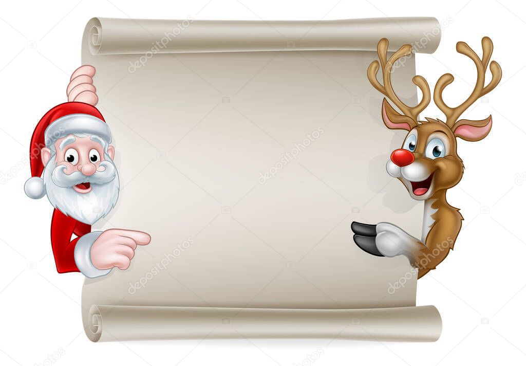 Cartoon Santa and Christmas Reindeer Scroll