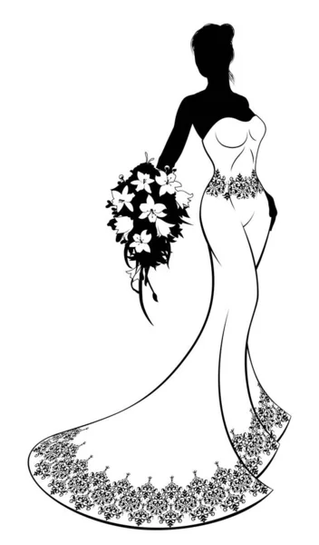 Vestido de novia y silueta de novia ramo — Vector de stock