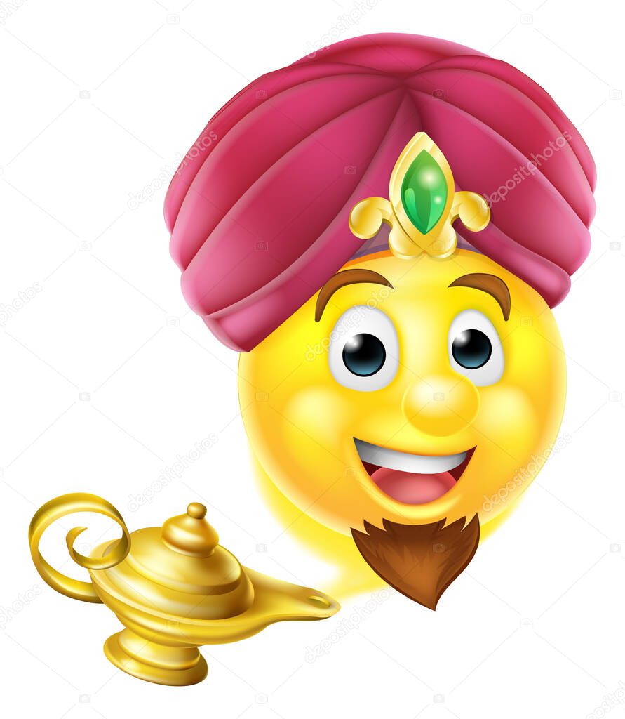 Cartoon emoticon emoji genie like in the story of Aladdin coming out of a magic lamp