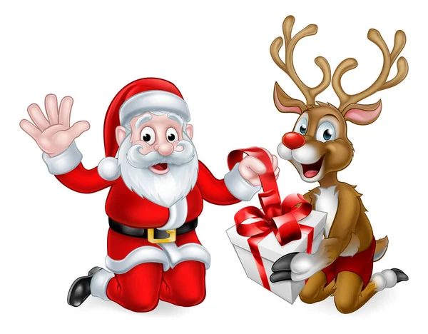 Santa and Reindeer with Christmas Gift — Stock Vector