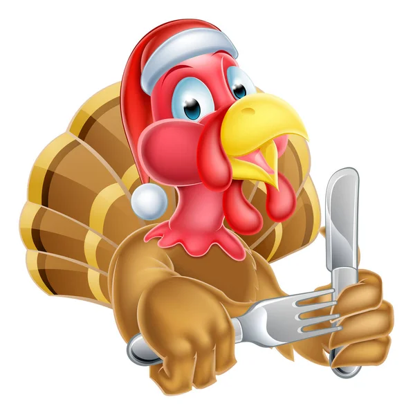 Cartoon Turkey in Christmas Santa Hat Holding Knife and Fork — Stockový vektor