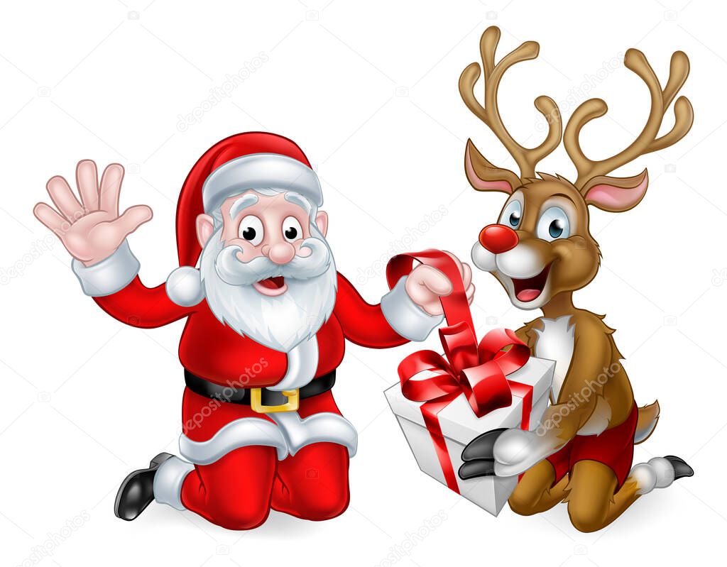 Santa and Reindeer with Christmas Gift