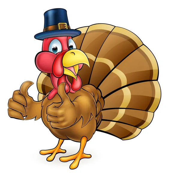 Cartoon Thanksgiving Turkije Vogel in pelgrims Hoed — Stockvector