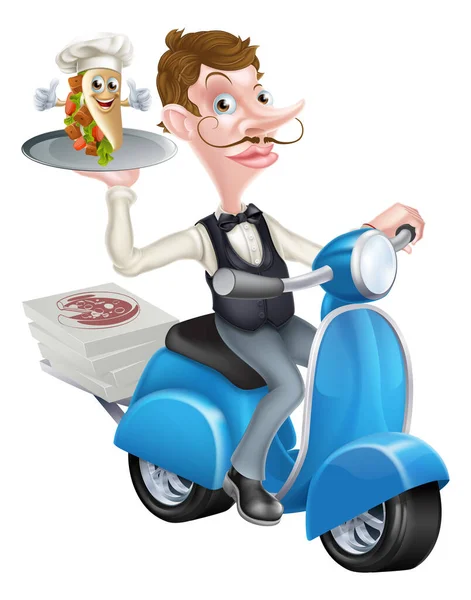 Cartoon Butler op Scooter Bromfiets leveren Souvlaki — Stockvector