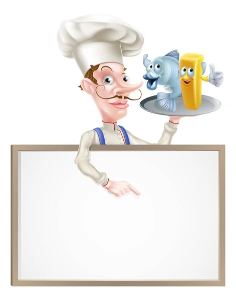 Cartoon Chef in possesso di Fish and Chips segno — Vettoriale Stock