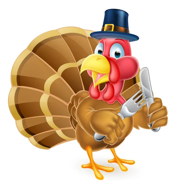 Pilgrim Hat Thanksgiving Cartoon Turkey Holding Knife and Fork — Stock Vector