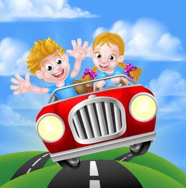 Cartoon Characters Driving Car clipart