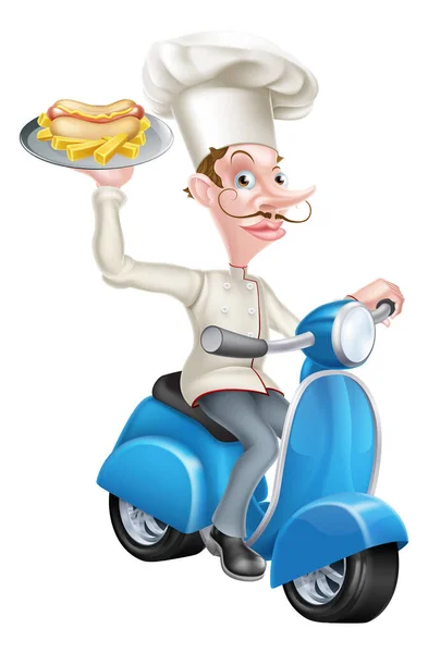 Chef em Scooter Moped com Hotdog e Chips —  Vetores de Stock