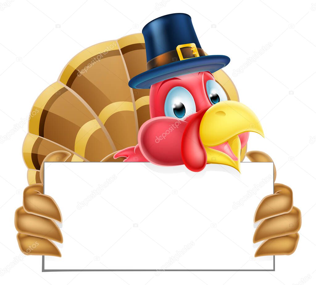 A Pilgrims hat Thanksgiving cartoon turkey holding a sign