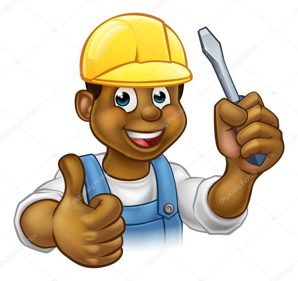 An electrician handyman cartoon character holding a screwdriver and and giving a thumbs up