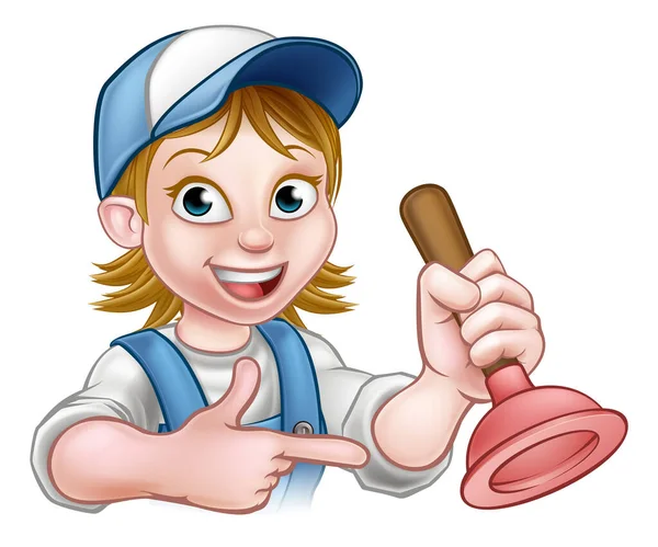 Mujer Plumber Holding Plunger — Vector de stock