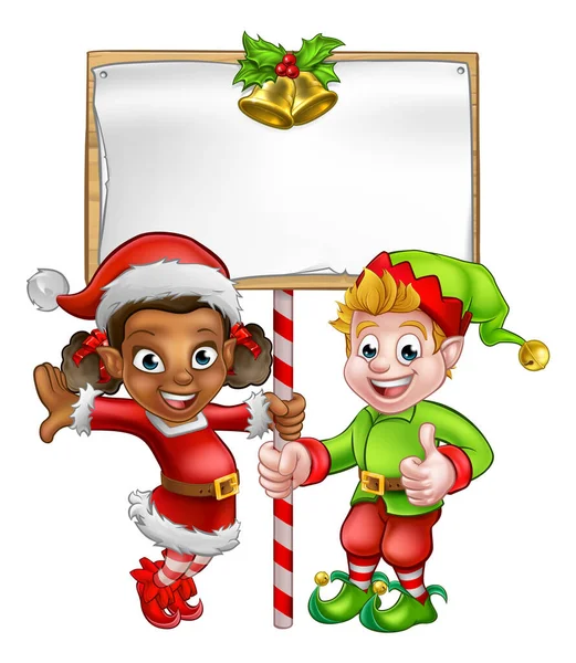 Cartoon Christmas Elves Holding Sign — Stock Vector