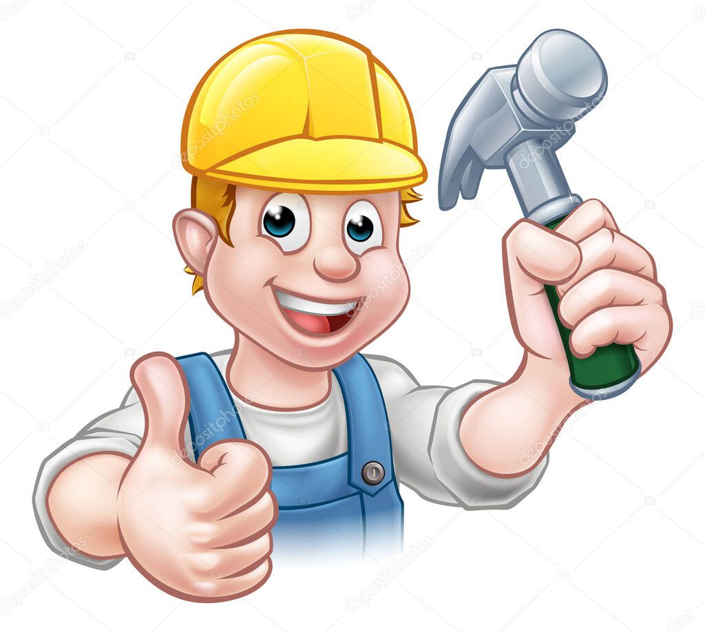 Handyman carpenter cartoon character holding a hammer and giving thumbs up