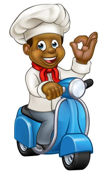 Dibujos animados Negro entrega Moped Chef — Vector de stock