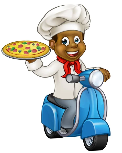 Chef de pizza de desenhos animados na entrega Moped Scooter — Vetor de Stock