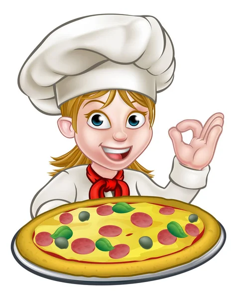 Rajzfilm Nő Nő Pizza Chef — Stock Vector