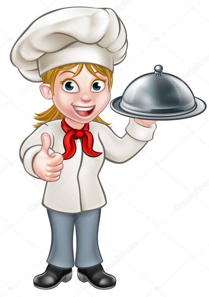 Cartoon woman chef or baker holding a silver cloche food meal plate platter and giving thumbs up