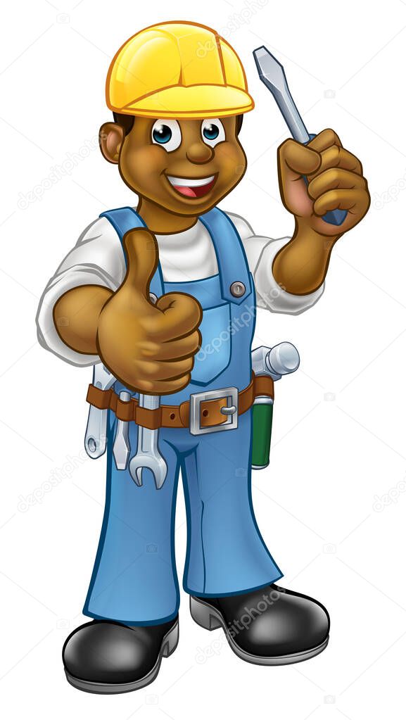 An electrician handyman cartoon character holding a screwdriver and and giving a thumbs up