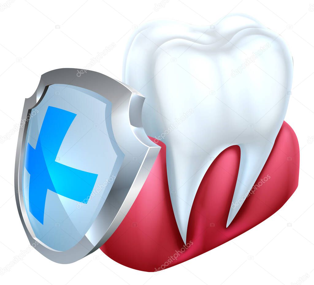 A medical dental illustration of a tooth and gum being protected by a shield