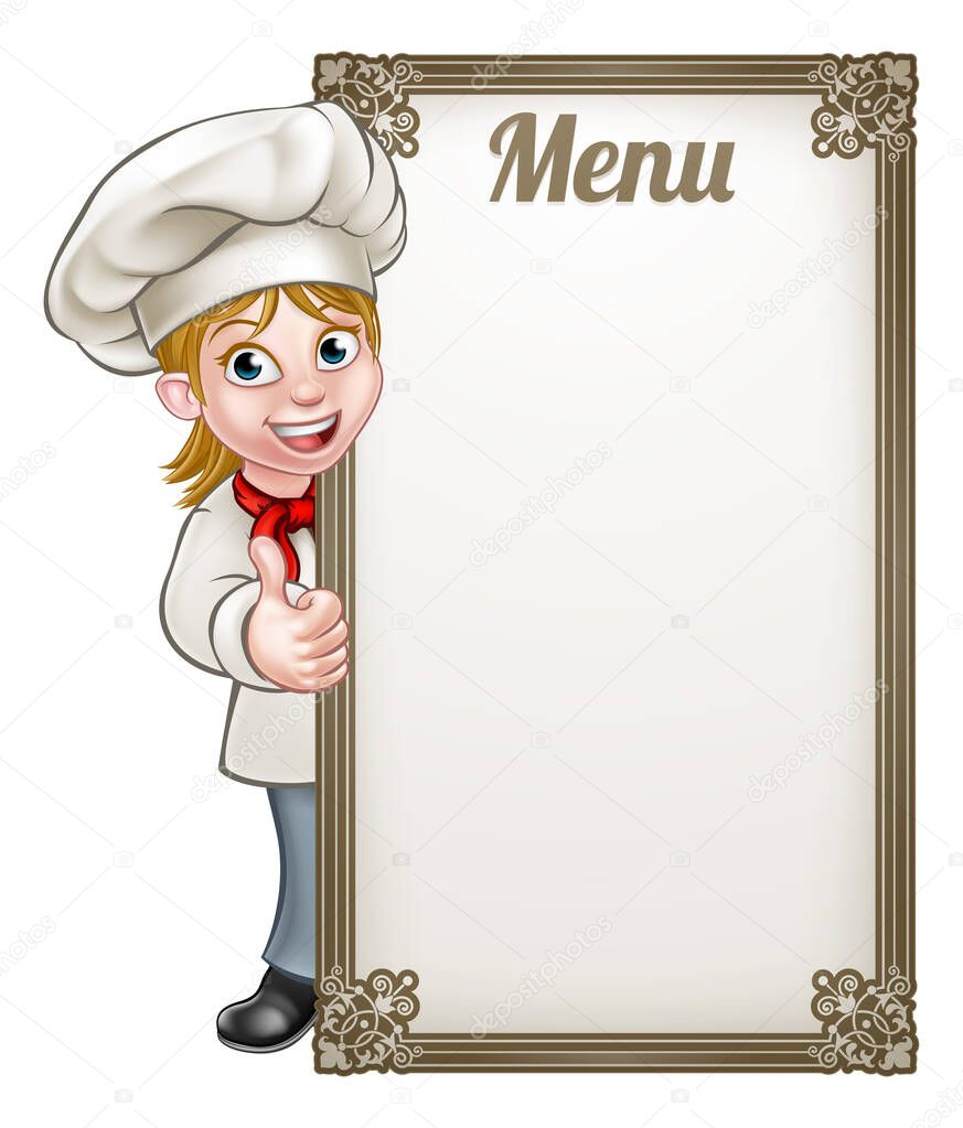 Cartoon female woman chef or baker character giving thumbs up with menu sign board