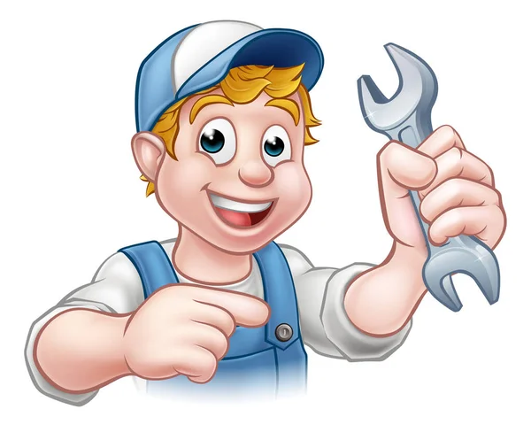 Cartoon Mechanic or Plumber with Spanner — Stock Vector