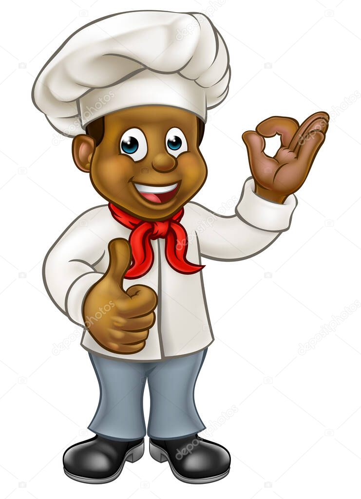 Cartoon black chef or baker character giving thumbs up and perfect delicious cook gesture