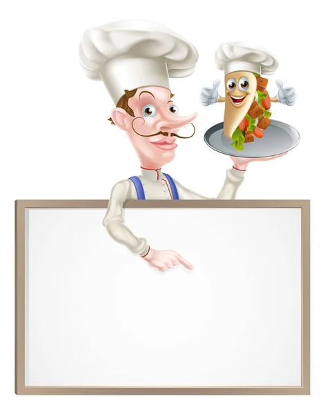 Kreslený kuchař ukazuje na znak Kebab — Stockový vektor