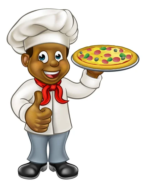 Zwarte Pizza Chef-kok stripfiguur — Stockvector