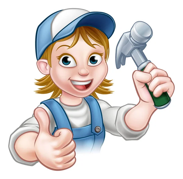 Cartoon vrouw timmerman Holding Hammer — Stockvector