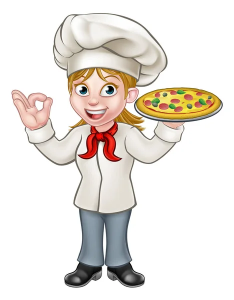 Pizza Chef Mulher Personagem dos desenhos animados —  Vetores de Stock