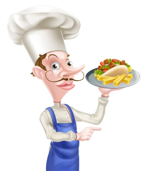 Cartoon Chef With Pita Kebab and Fries — Stock Vector