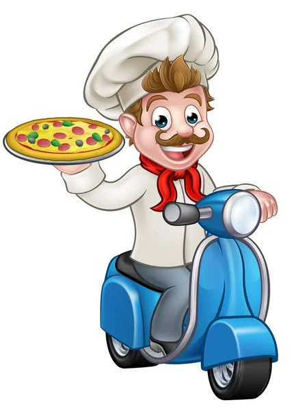 Cartoon Pizza Chef on Delivery Moped Scooter — Stock Vector