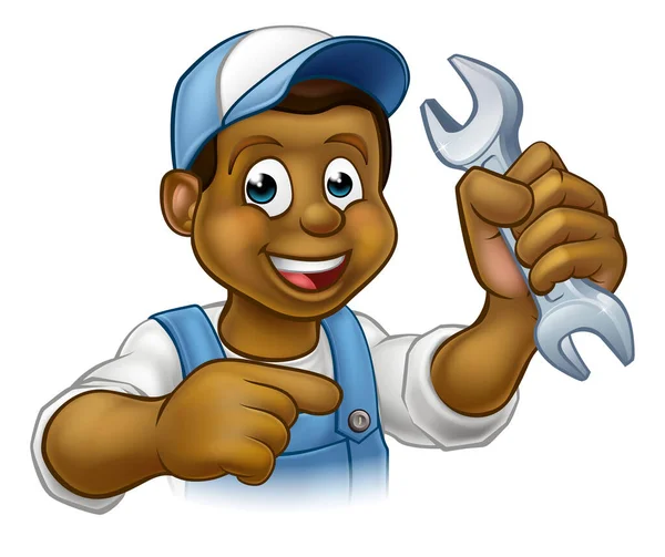 Cartoon Black Plumber Mechanic or Handyman — Stock Vector