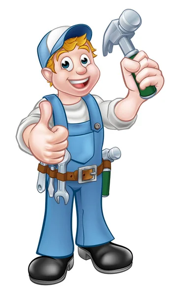 Cartoon Carpenter Handyman Holding Hammer — Stock Vector