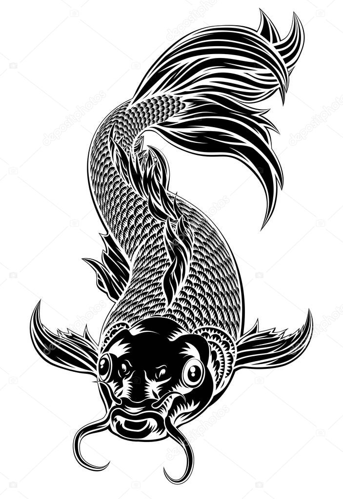 Koi Carp Fish Woodcut Style