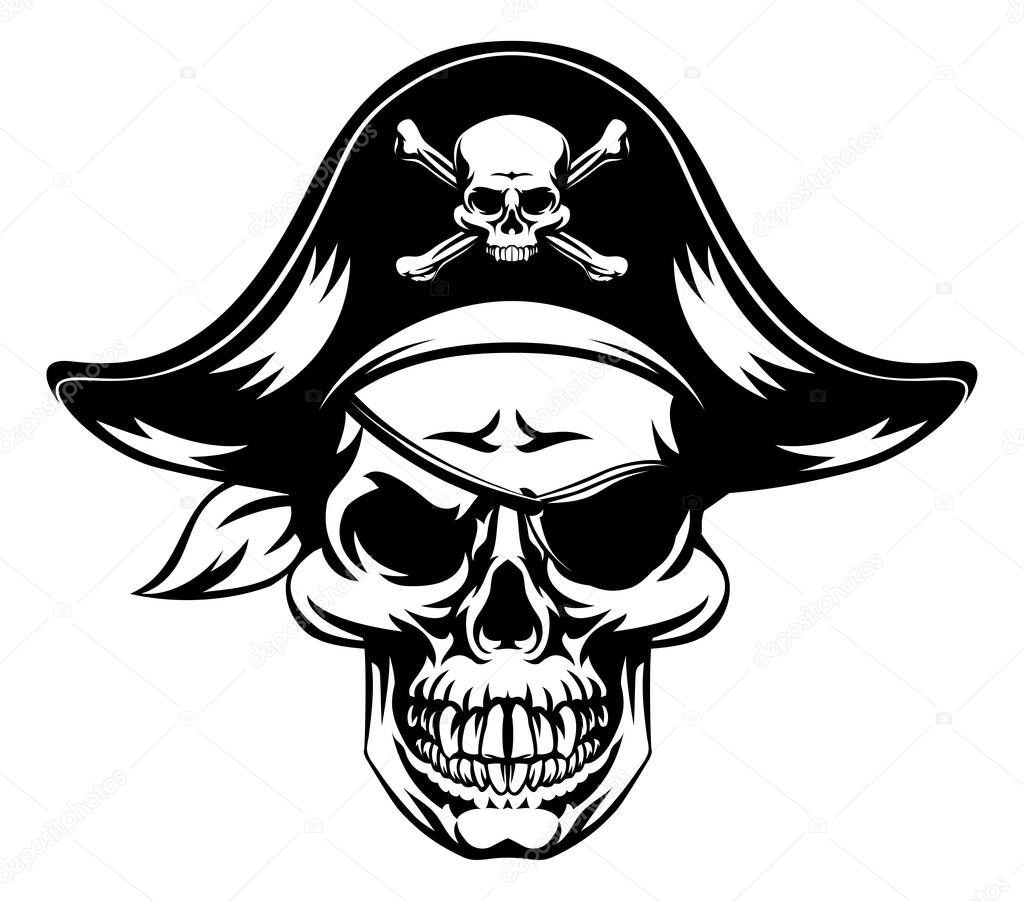 An illustration of a pirate Skull wearing a pirate captains hat and an eye patch with a skull and crossbones on it