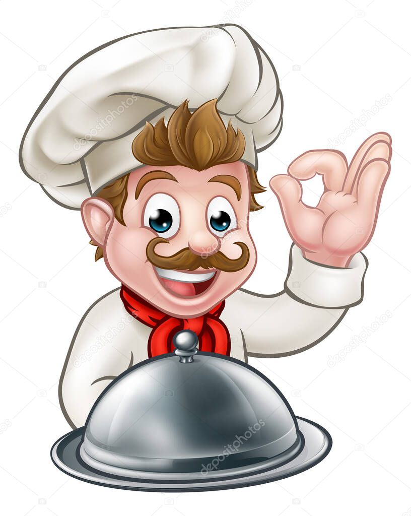 Cartoon chef or baker character holding a silver cloche food meal plate platter and giving a perfect okay delicious cook gesture