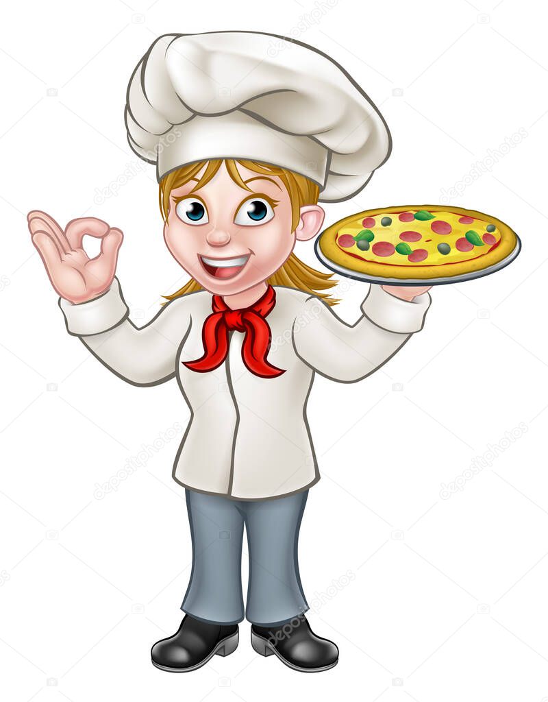 Cartoon woman chef or cook character holding a pizza and giving a perfect okay delicious gesture