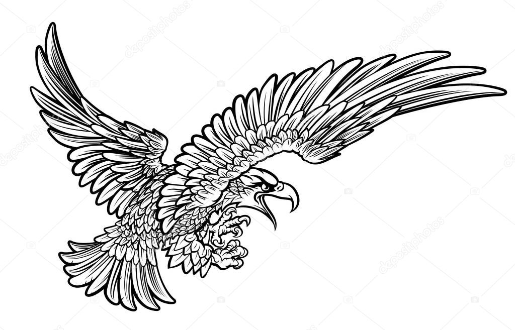 A bald or American eagle swooping from the side with claws or talons outstretched
