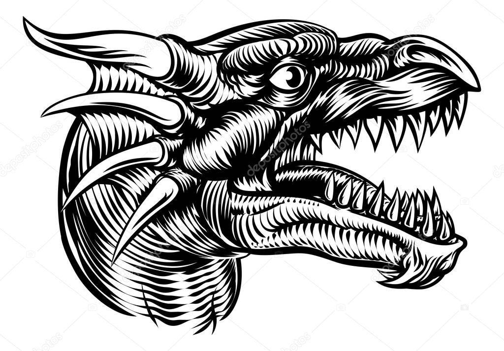Original illustration of a monster dragon head in a vintage retro woodcut style