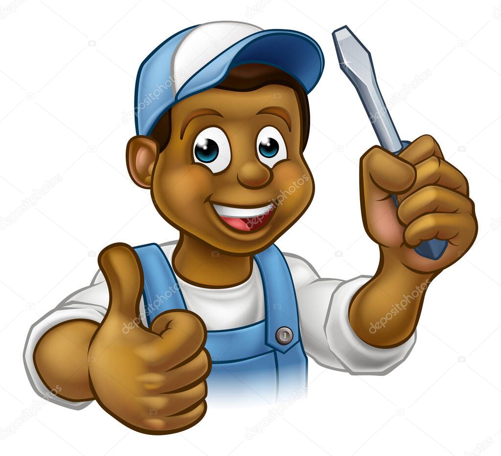 An electrician handyman cartoon character holding a screwdriver and and giving a thumbs up