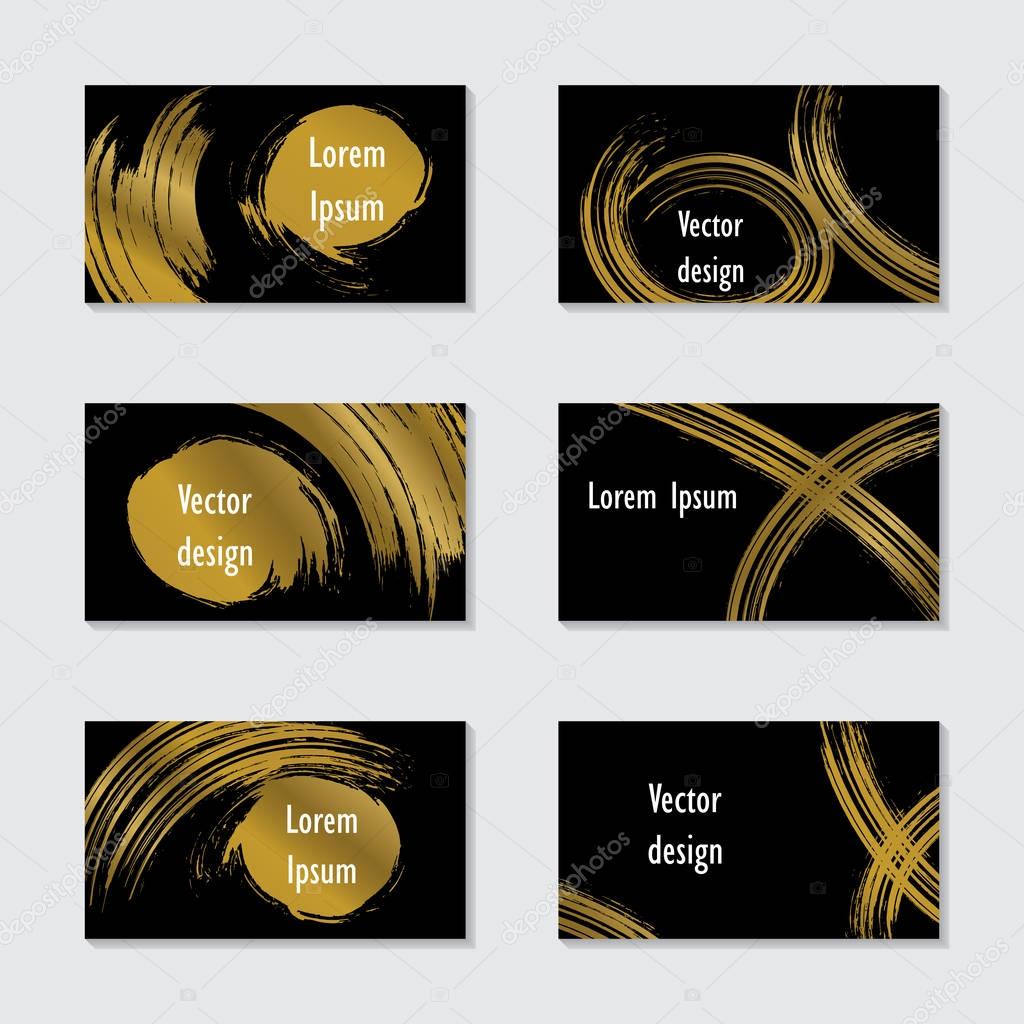 A set of hand drawn strokes card set. Templates with golden elements for brochures, flyers, Logo, banners, business and greeting. Abstract Modern Backgrounds in black