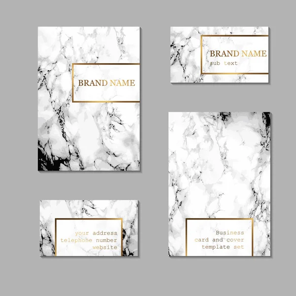 Business card and cover template set. Identity kit with marble texture and golden foil details — Stock Vector