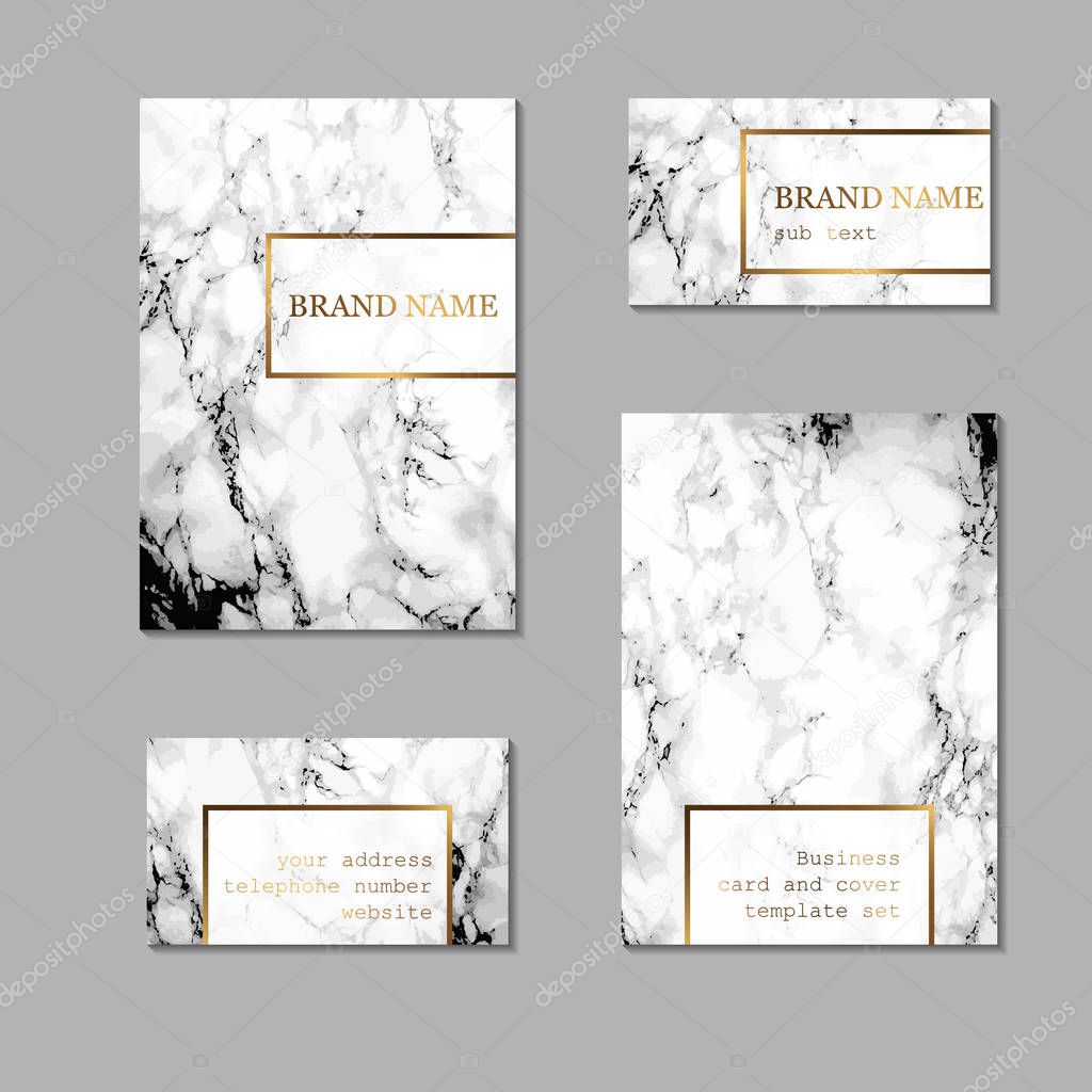 Business card and cover template set. Identity kit with marble texture and golden foil details