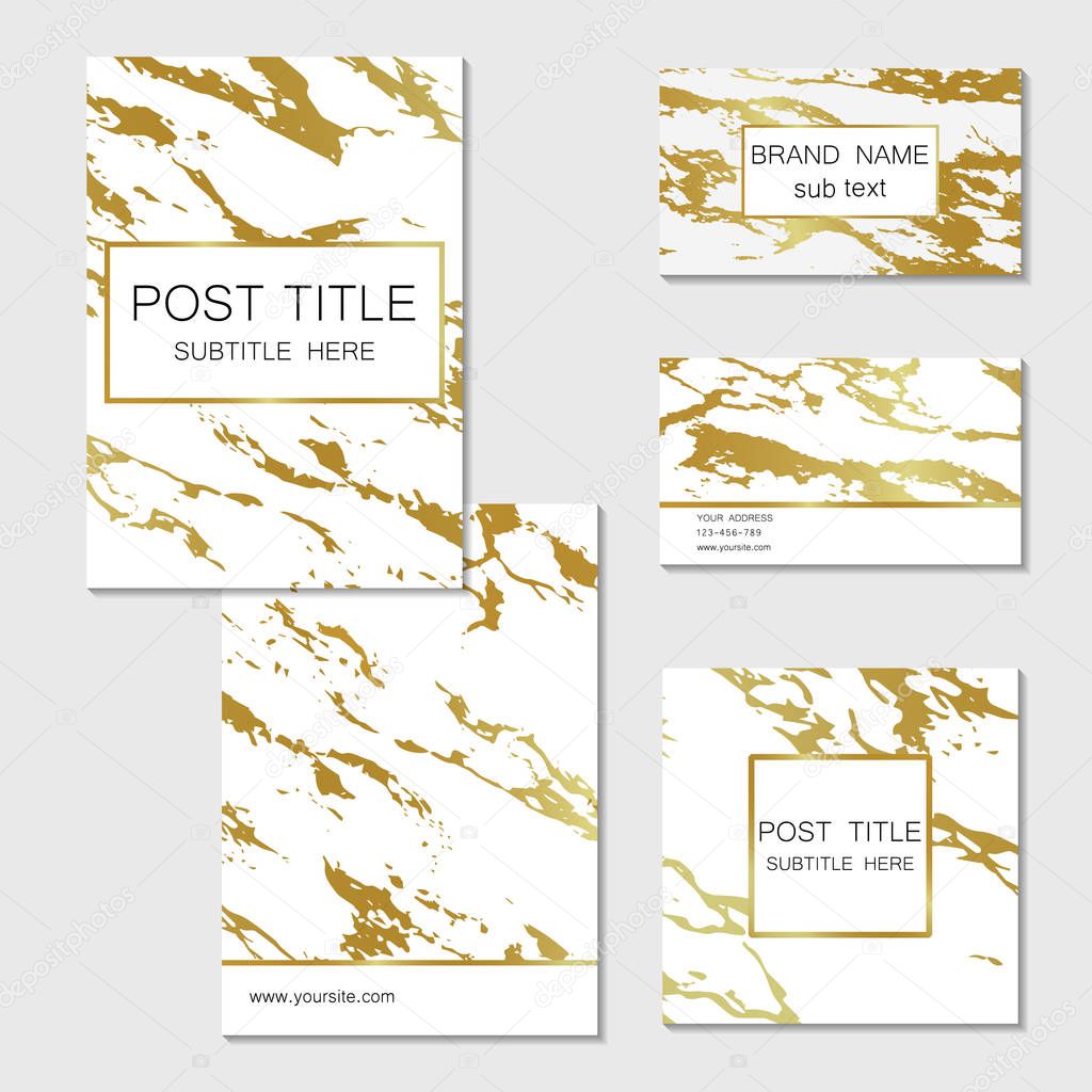 Business card with marble texture and golden foil details on white background