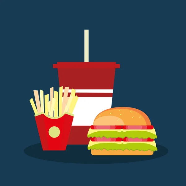 Icono con soda, papas fritas y hamburguesa doble — Vector de stock
