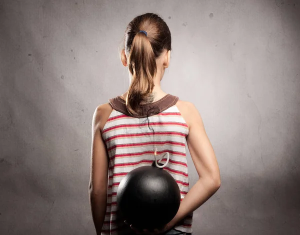 Little Girl Hiding Old Fashioned Bomb — Stock Photo, Image