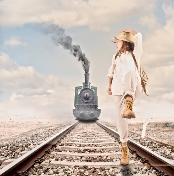 Explorer running in front of a locomotive — Stock Photo, Image